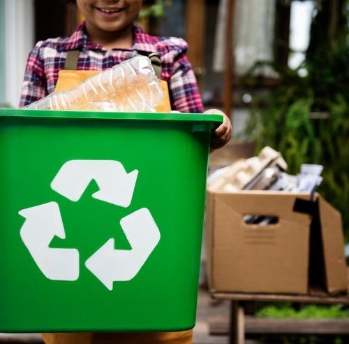 African Descent Kid Holding Recycling Box of Plastic Bottles